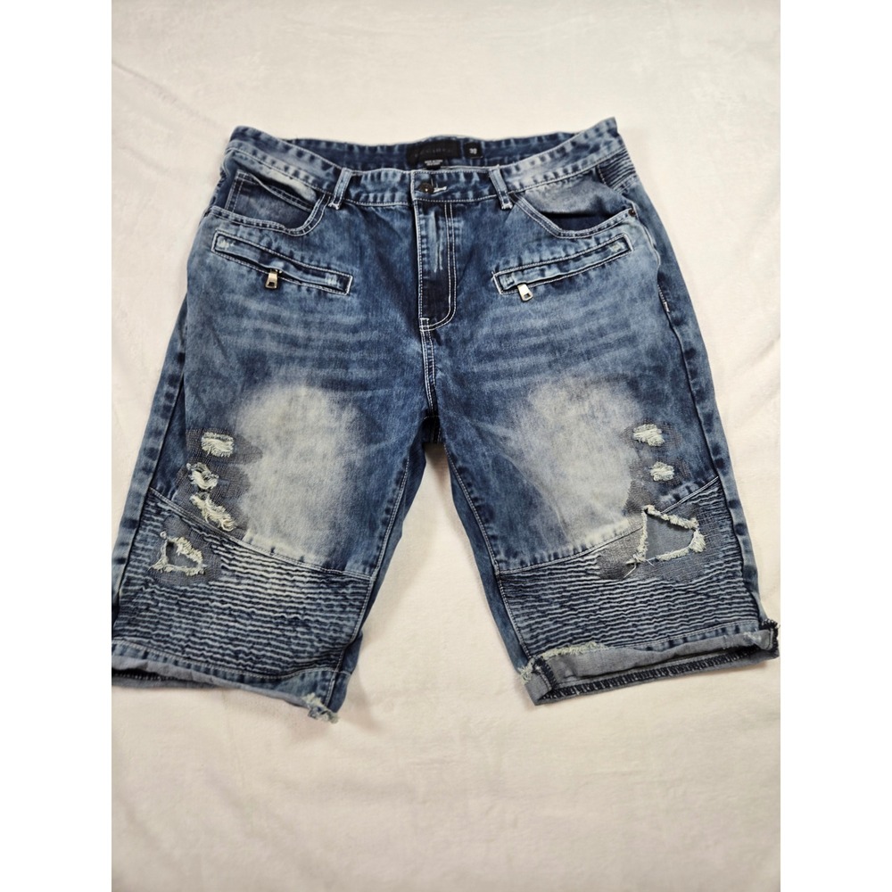 Decibel Mens Moto Biker Denim Shorts Distressed Blue Medium‎ Wash Size 38